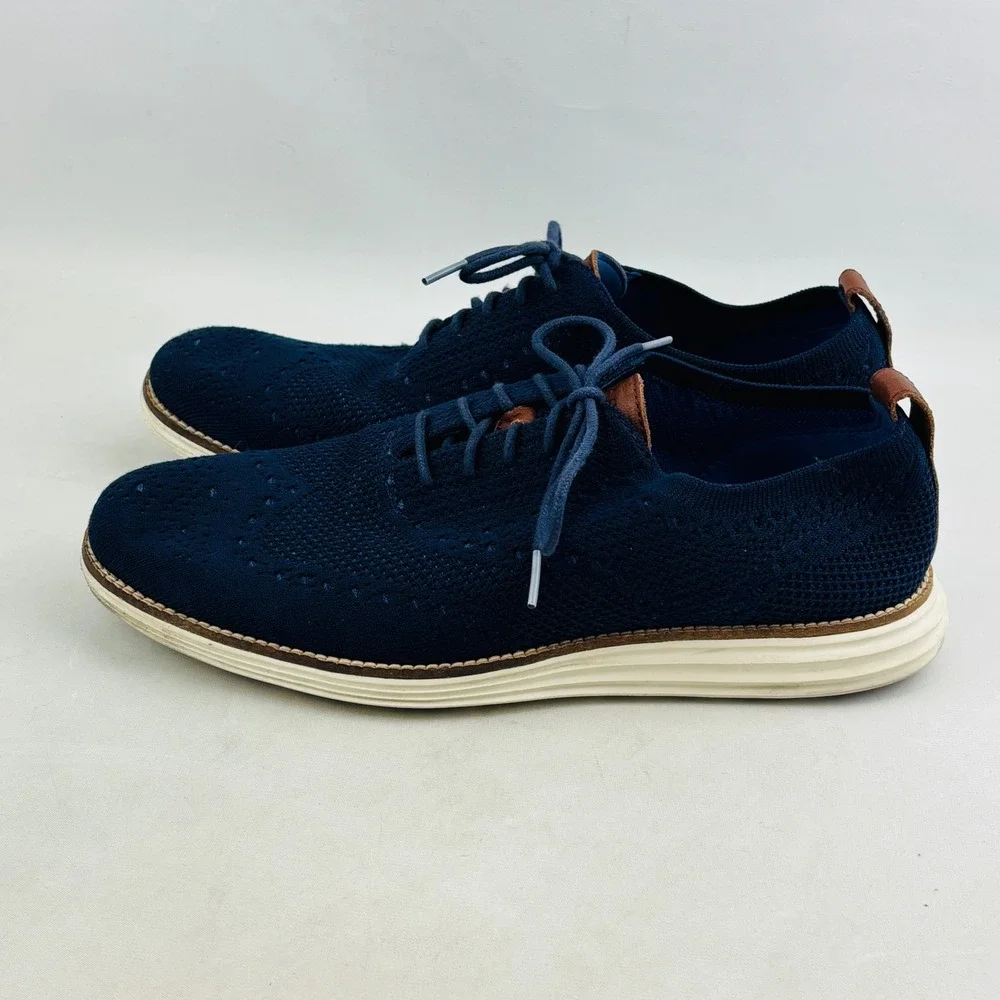 Cole Haan‎ Original Grand OS Wingtip Oxford Mens 10 Navy Blue Knit Upper Lace Up